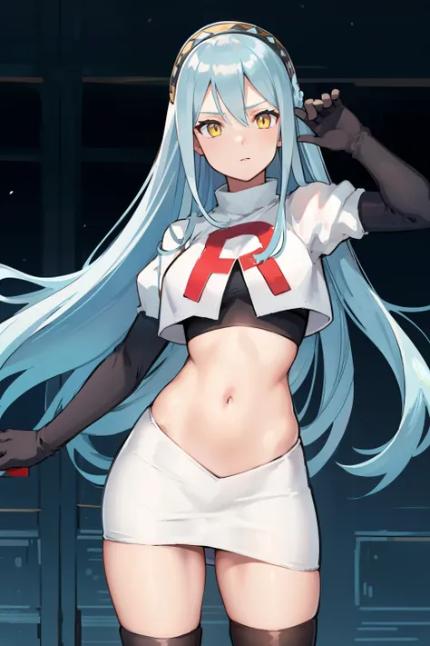 def_azura, yellow eyes ,1girl,team rocket,team rocket uniform, red letter r, white skirt,white crop top,black thigh-highs ,black...