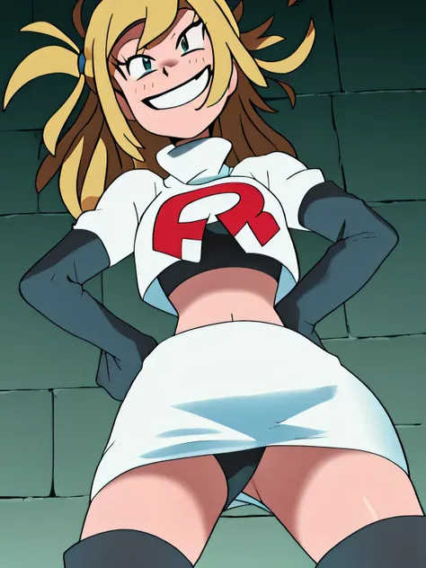 team rocket uniform, red letter r, white skirt,white crop top,black thigh-high boots, black elbow gloves, evil smile, looking down at viewer, hands on hips, spread legs, from below, black panties, Himiko Toga