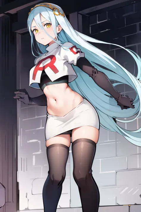 def_azura, yellow eyes ,1girl,team rocket,team rocket uniform, red letter r, white skirt,white crop top,black thigh-highs ,black...