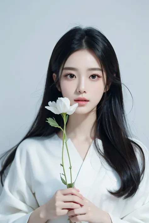 spring，garland beauty，Korean beauty，White clothes，Long-haired beauty，holding flowers in hand，character-centered，A beauty with exquisite makeup，Beautiful woman with fair skin，black hair，glow，Solid background，young and beautiful