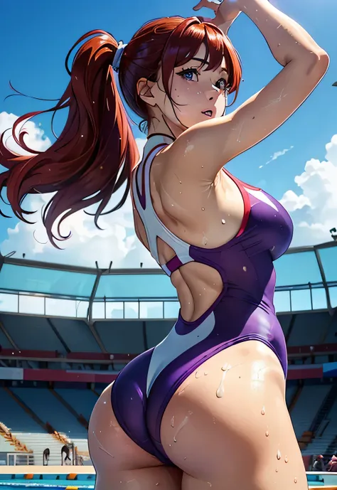 low angle shot，Photographed from bottom up、Back photo。spread legs、Emphasize the buttocks，actual、Super high chroma、8k、Long red hair(((30 year old woman)))、((((She is wearing a purple competition swimsuit。))))、competitive swimmer、big breasts、Thick thighs、Pay...