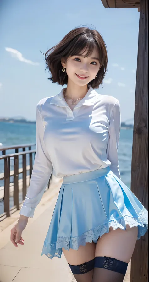 Female, 20 years old, short black wavy hair、bangss、Puffy nipple、(((White) (boat collar)) Knit)、(Blue long skirt), stockings、Medium milk, cute smile face、((Poses that emphasize the buttocks))、sexy hips、Black High Heels、Big necklace、((((the wind blew my skir...