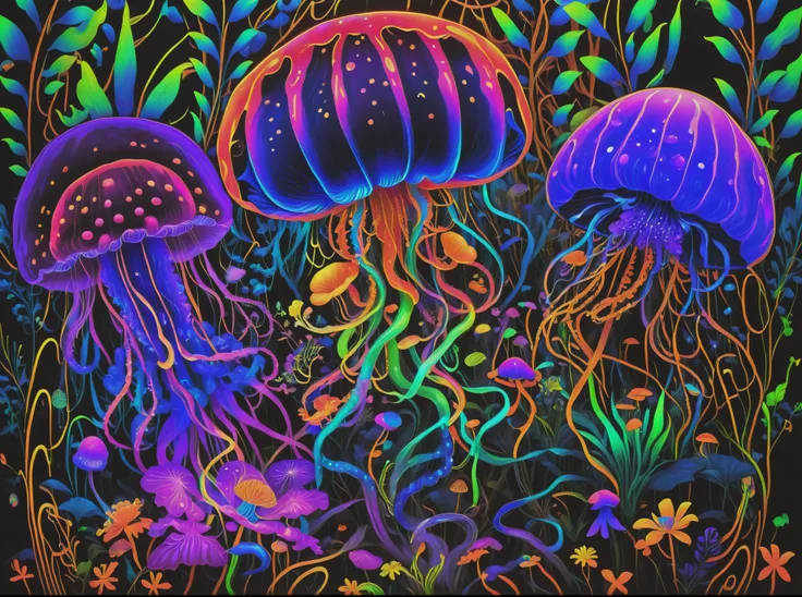 neon art of jellyfish and flowers under black light, psychedelic black light, neon jellyfish, psychedelic art, black light velve...