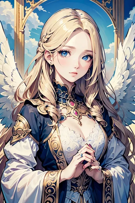 4k quality:1.2,super beautiful illustration:1.2,seraph,((6 white wings)),blonde,long hair styles,angel ring,sky,beautiful cobalt...