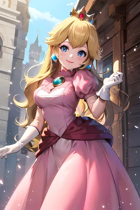 ((masterpiece,best quality)), absurdres, princess_peach,  (pink dress), blonde hair, blue eyes, long hair, crown, gem, gloves, p...