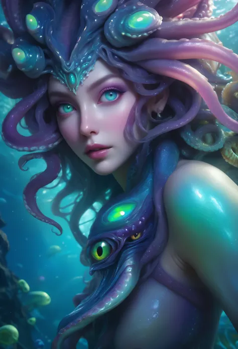 (best quality,4k,highres,masterpiece:1.2),ultra-detailed,(realistic,photorealistic:1.37), (1 beautiful medusa-like female alien who is 18yo:1.8), underwater, vibrant colors, bioluminescence, surreal, grotesque, beautiful detailed eyes, detailed lips, slimy...