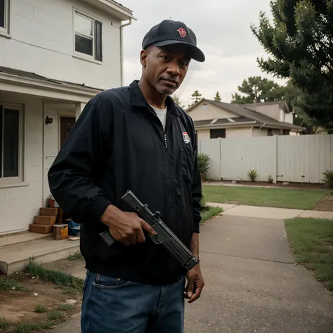 Walter whiter, wearing a hat, waiting outside a house, holding a gun in his hand,