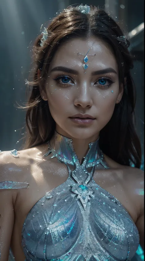 Woman, silver makeup,crying ice cubes,Broken Glass effect,no background,stunning,something that even doesnt exist,mythical being,energy,molecular,textures,iridescent and luminescent scales,breathtaking beauty,pure perfection,divine presence,unforgettable,i...