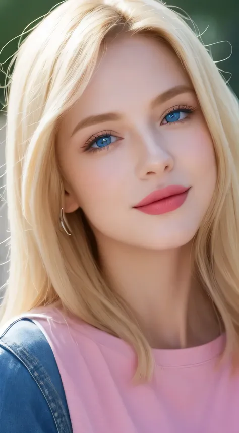 Best quality, 8K, masterpiece 1:2. A beautiful Russian girl with pink Tshirt "BeeVN", jeans (Alluring figure), blonde hair, ocean blue eyes, high nose, luscious red lips, and a captivating smile. holding multiple letters and documents. many boxes and docum...