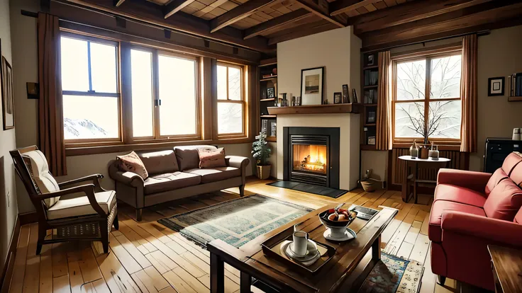 There is a fireplace in the room, With table, sofa and chair in front of it, There is a cup with hot drink on the table, The room has a large window.、You can see outside, it&#39;s snowing outside, Room This room is made of wood, There is wooden furniture, ...