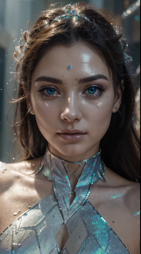 Woman, silver makeup,crying ice cubes,Broken Glass effect,no background,stunning,something that even doesnt exist,mythical being,energy,molecular,textures,iridescent and luminescent scales,breathtaking beauty,pure perfection,divine presence,unforgettable,i...