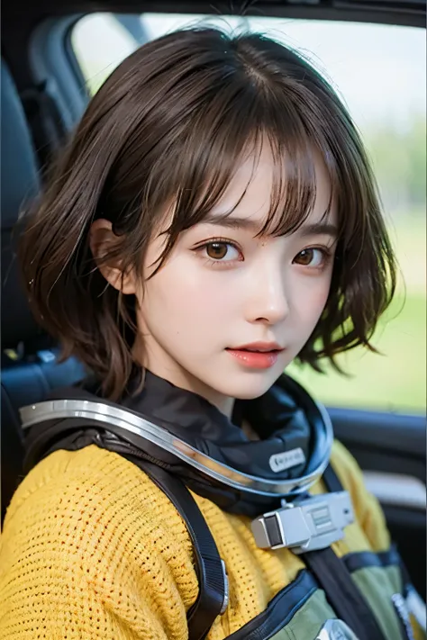 best quality、masterpiece、ultra high resolution、(true:1.4)、beautiful woman１、Beautiful details of the eyes and skin、light brown short hair、Smile、Perfect spacesuit、outer space、spaceship interior、macro world、Star々、