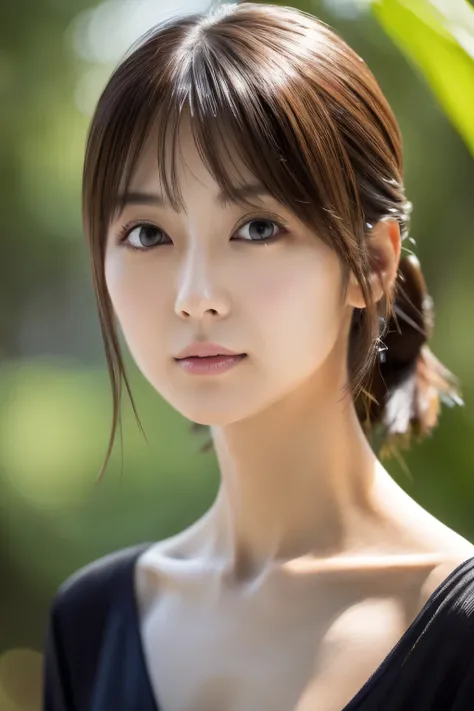 Masterpiece, Best Quality, Photorealsitic, Ultra-detailed, finely detail, high resolution, 8k wallpaper, Professional, high level of detail, 1girl in, Skinny Japanese woman, ((Facing the front)), Detailed clavicle, face perfect, straight hair, (look straig...