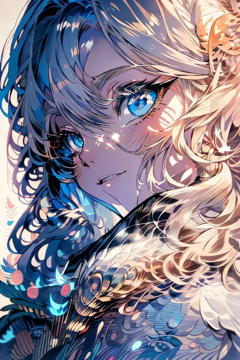 4K quality:1.2,Super beautiful illustration:1.2,Seraph,((6 white wings on the back)),blonde,long hair styles,((beautiful cobalt blue eyes:1.2)),Sky