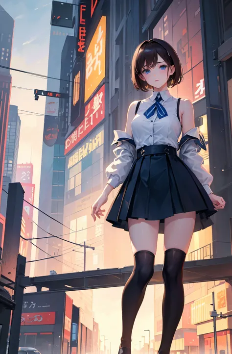 ８K, highest quality, masterpiece, super detailed、middle short hair、young face、brown hair、pale blue eyes、medium breasts、perfect hands、detailed hands、knee high socks、off shoulder knit、mini skirt、Tokyo、private server、city、random pose、walking、knee high sockini...