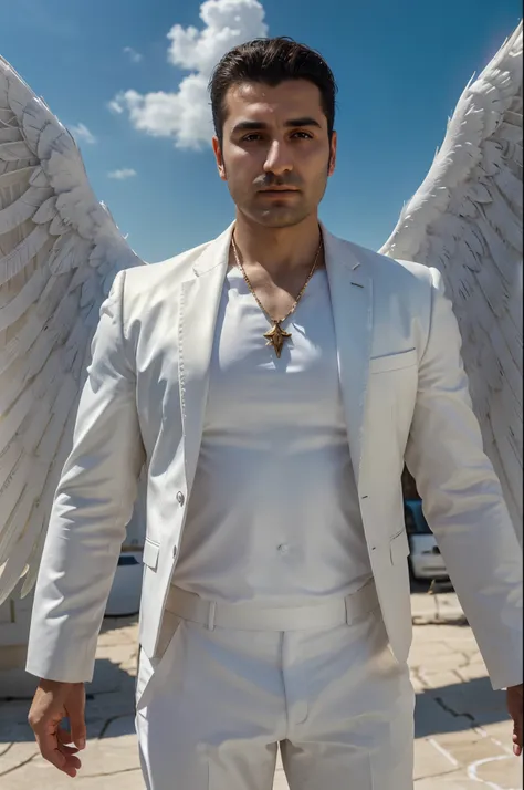 armenian man in white suit with white opaque angel wings and aura and golden necklace standing in heaven, high octane, 8k, hype realistic, volumetric light, ambient occlusion, bright heavinly light, heaven background