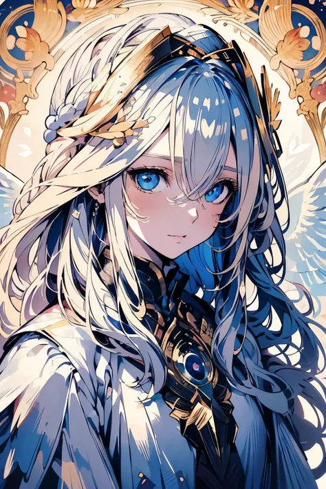 4K quality:1.2,Super beautiful illustration:1.2,Seraph,((6 white wings on the back)),blonde,long hair styles,((beautiful cobalt blue eyes:1.2)),Sky