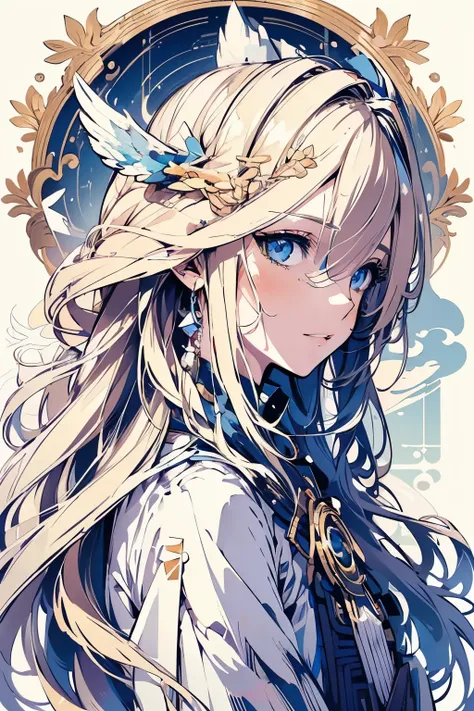 4k quality:1.2,super beautiful illustration:1.2,seraph,((6 white wings on the back)),blonde,long hair styles,((beautiful cobalt ...