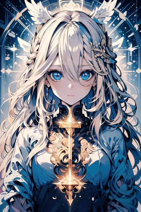 4k quality:1.2,super beautiful illustration:1.2,seraph,((6 white wings on the back)),blonde,long hair styles,((beautiful cobalt ...