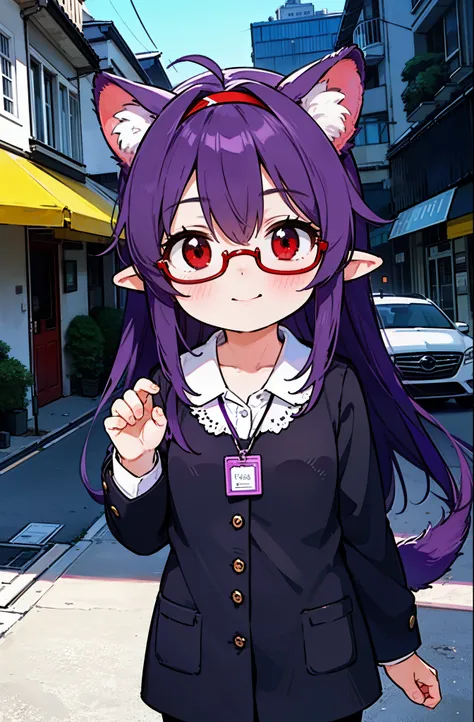 yuukikonno, Yuki Konno, hair band, long hair, pointy ears, purple hair, (red eyes:1.5), (small breasts:1.2), close your mouth,animal ears　dog ears,animal tail　dog tail,OL, red glasses, end, black suit jacket, collared jacket, white dress shirt, collared sh...