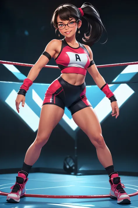 ((full body shot)), beautiful female wrestler in a womens wrestling match, small, thin, black hair in a ponytail, bangs, wearing large glasses, ((challenging smile))