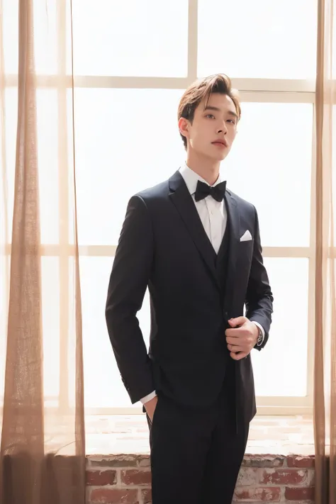 arafed man in a tuxedo standing in front of a window, he is wearing a suit, wearing a black noble suit, wearing black suit, in a black suit, wearing tuxedo, jung jaehyun, tuxedo, wearing a black suit, formal attire, handsome and elegant, in a suit, wearing...