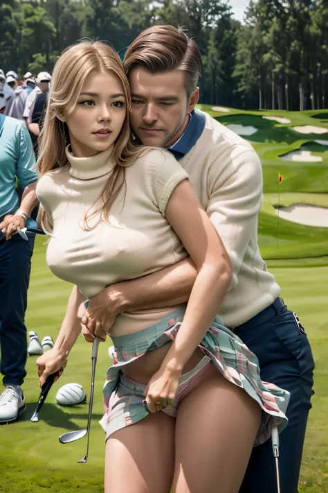 highest quality、16K high resolution、Super detailed、masterpiece、Live shooting、realistic:1.4、hyper realism:1.4、sharp focus、very delicate and beautiful、small details、(one beautiful female golfer)、(1 middle-aged male golfer:1.5)、(european:1.2)、(super beautiful...