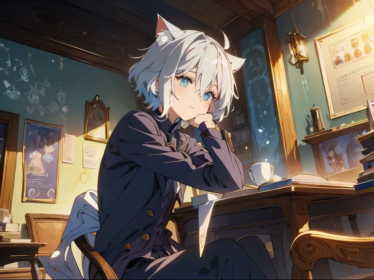 masterpiece, A world where magic and technology coexist, fantasy，wonderland，cat ears boy(gray hair, short hair) ，	1 personの男の子 ，solo，1 person，beautiful eyes、depicted in detail， Upper body illustration,work，computer，Cafe，Inside the store，sit on a chair，indo...