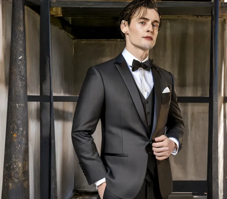 arafed man in a tuxedo standing in a art garalley, he is wearing a suit, wearing a black noble suit, wearing black suit, in a black suit, wearing tuxedo, jung jaehyun, tuxedo, wearing a black suit, formal attire, handsome and elegant, in a suit, wearing a ...