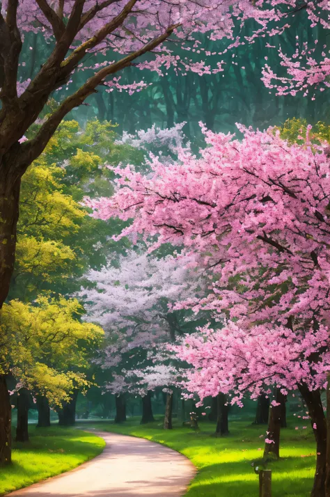 masterpiece, best quality, high quality, extremely detailed 8k wallpaper of CG unit, a charming and dreamy scene of a lush forest of sakuras, with tall trees, creating a sense of mystique and enchantment, artistic station, digital illustration, intricate, ...