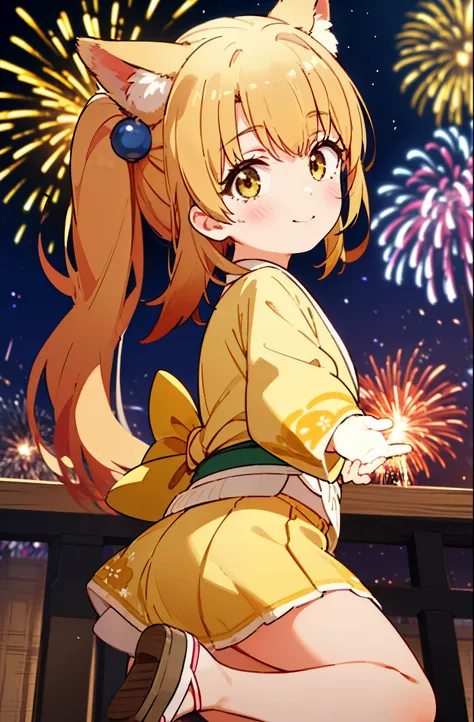 irohaisshiki, Isshiki Iroha, long hair, brown hair, (brown eyes:1.5), smile,animal ears　fox ears,animal caudal fin　fox tail,flower hair ornament,Yukata with yellow floral pattern,long skirt,Zori sandals,firework in the night sky,firework,The place is a fir...