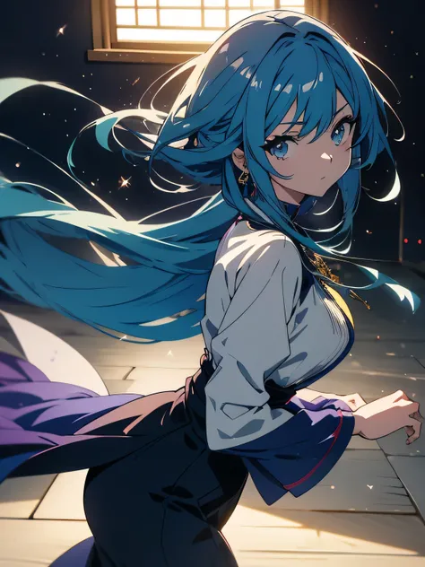 beautiful animeキャラクターの超詳細で複雑なレンダリング, beautiful soft studio light, rim light, vivid details,nice, race, super anime art, blue hair, See an intimate slice of the medieval world, have a sword ,beautiful anime