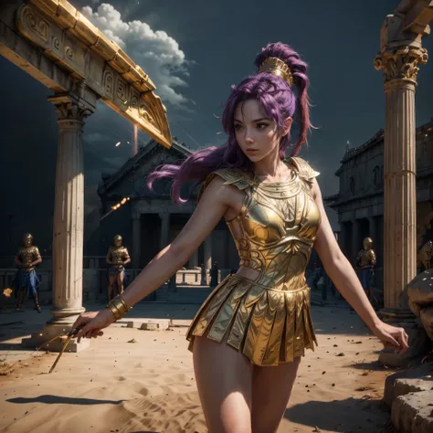 (best quality,4k,8k,highres,masterpiece:1.2),ultra-detailed, 1woman, 1woman, Greek goddess Athena, purple hair, wearing golden hoplite armor with helmet, attacking pose, wielding a sear, looking at the viewer, wise, impressive, seductive eyes, in front of ...