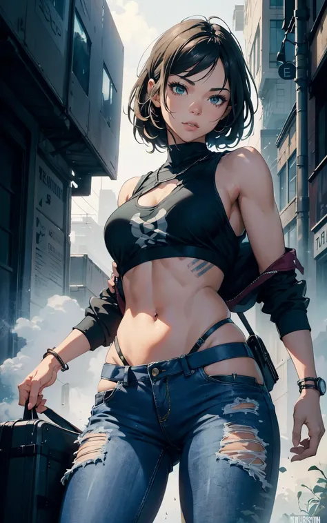 (Zendaya:Evangeline Lilly) ,sitting on some stairs, ripped jeans, tank top, ((pulls up her shirt)) , slightly muscular, Beautiful anime waifu style girl, hyperdetailed painting, luminism, art by Carne Griffiths and Wadim Kashin concept art,  post-apocalypt...