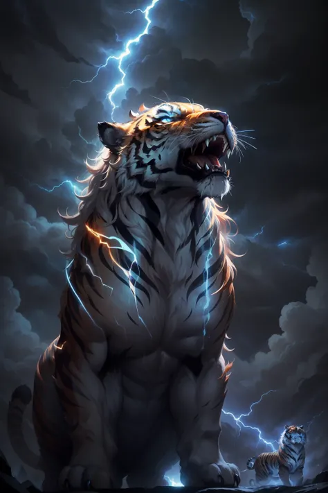 The Roar Tiger of Dark and Light soars majestically in the sky, its fiery orange fur contrasting dramatically against the backdrop of ominous, dark clouds. The tigers eyes gleam with an intense golden light, as it lets out a mighty roar that pierces throug...