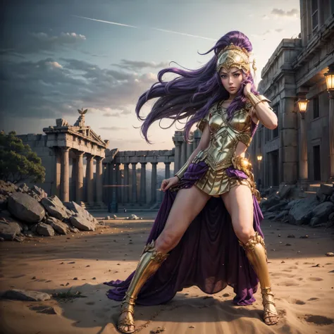 (best quality,4k,8k,highres,masterpiece:1.2),ultra-detailed, 1woman, 1woman, Greek goddess Athena, purple hair, wearing golden hoplite armor with helmet, attacking pose, wielding a sear, looking at the viewer, wise, impressive, seductive eyes, in front of ...