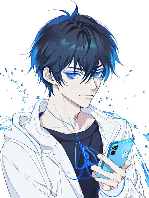 Anime Boy with black hair and blue eyes holding a cell phone, Tall blue eyed anime character, young anime man, Inspired by Okumura Togyu, Anime Boy, 2Danime style, Subtle anime style, Inspired by Okumura Masanobu, as an anime character, anime style, Male a...