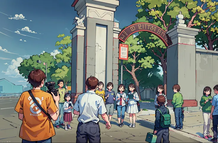 clean lines，comic style，Three people at the school gate are holding books in their hands，camera shot