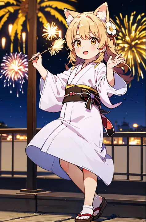 irohaisshiki, Isshiki Iroha, long hair, brown hair, (brown eyes:1.5), smile,animal ears　fox ears,animal caudal fin　fox tail,flower hair ornament,Yukata with yellow floral pattern,long skirt,Zori sandals,firework in the night sky,firework,The place is a fir...