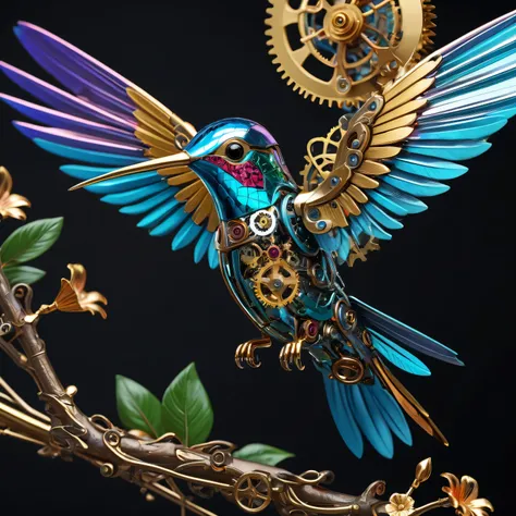 (best quality,4k,high resolution,masterpiece:1.2),(actual:1.37),Super detailed,(Beautifully detailed metal mechanical hummingbird),on the branches,shiny metallic feathers, Complex gears, Exquisite mechanical wings, complex clockwork mechanism, bright color...