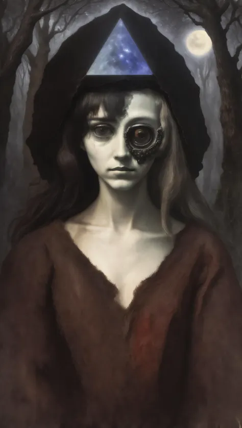 a painting of a woman with a face painted like a witch