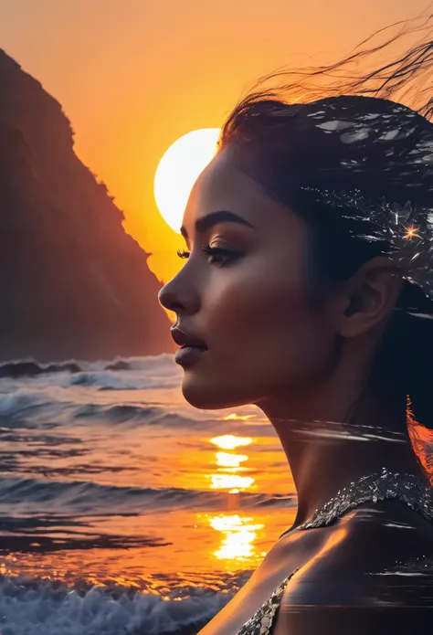 high quality, 8K Ultra HD, A beautiful double exposure that combines an goddess silhouette with sunset coast, sunset coast should serve as the underlying backdrop, with its details incorporated into the goddess , crisp lines, The background is monochrome, ...