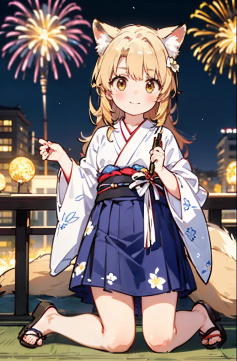 irohaisshiki, Isshiki Iroha, long hair, brown hair, (brown eyes:1.5), smile,animal ears　fox ears,animal caudal fin　fox tail,flower hair ornament,Yukata with yellow floral pattern,long skirt,Zori sandals,firework in the night sky,firework,The place is a fir...