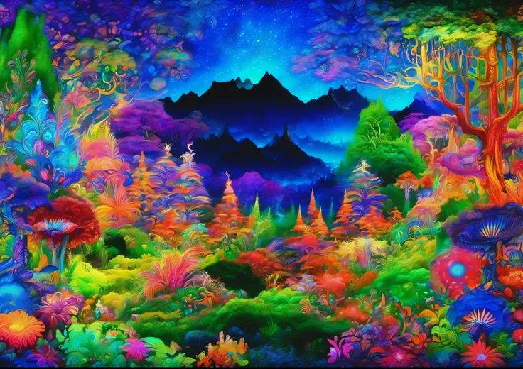 brightly colored painting of a colorful forest with a mountain in the distance, psychedelic forest, psychedelic vegetation, psychedelic landscape, Psychedelic dense pine forest, psychedelic flowers and trees, fantasy magic vegetation, Lush alien landscape,...