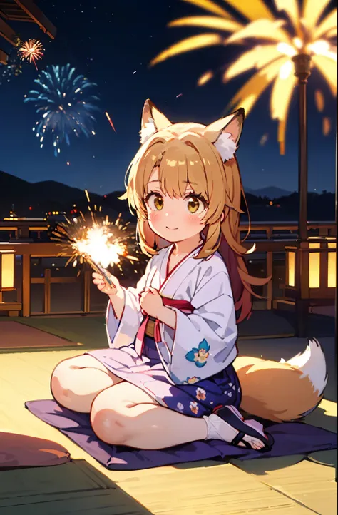 irohaisshiki, Isshiki Iroha, long hair, brown hair, (brown eyes:1.5), smile,animal ears　fox ears,animal caudal fin　fox tail,flower hair ornament,Yukata with yellow floral pattern,long skirt,Zori sandals,firework in the night sky,firework,The place is a fir...