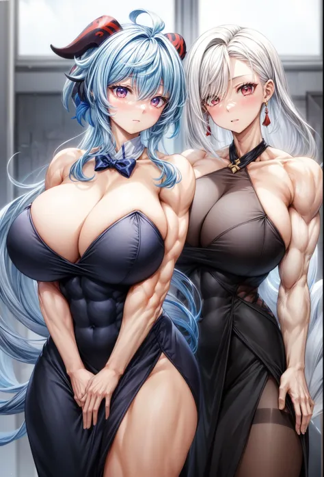 best quality,2girls, ganyu shenhe(genshin impact),biceps, muscular ,alternate muscle size,,muscular thighs,covered abs, thick arms,, broad shoulders,formal dress, muscular,