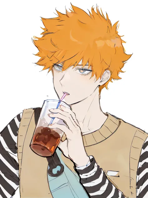 Cartoon boy with straw and striped shirt drinking drink, Orange haired anime boy, Ichigo kurosaki, Ichigo, Kentaro Miura manga art style, author：Middle school students, Lingchang, by KamYesaka Sekka, Kentaro Miura!, Tall anime character with blue eYes, Yes...