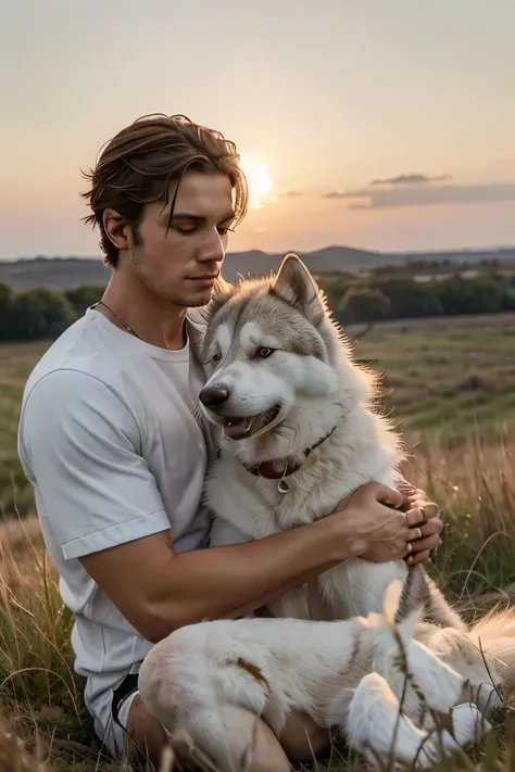 when the sun sets on the grassland, A male model takes a break with his white husky. The model&#39;s rugged face is softened by the gentle presence of his canine companion, Their connection is evident in the way they lean on each other. The warm colors of ...