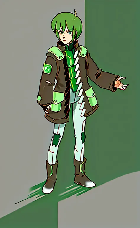 Science fiction boy in futuristic clothing, green hair, brown jacket