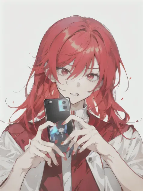 anime boy Red hair holding a cell Telephone in her hand, Use index finger, he has red hair, checking he Telephone, Red hair, she is holding a smartTelephone, ( ( ( Yo Yoshinari ) ) ), anime style, Telephone!! Lift to sun visor, 8k!, checking he cell Teleph...